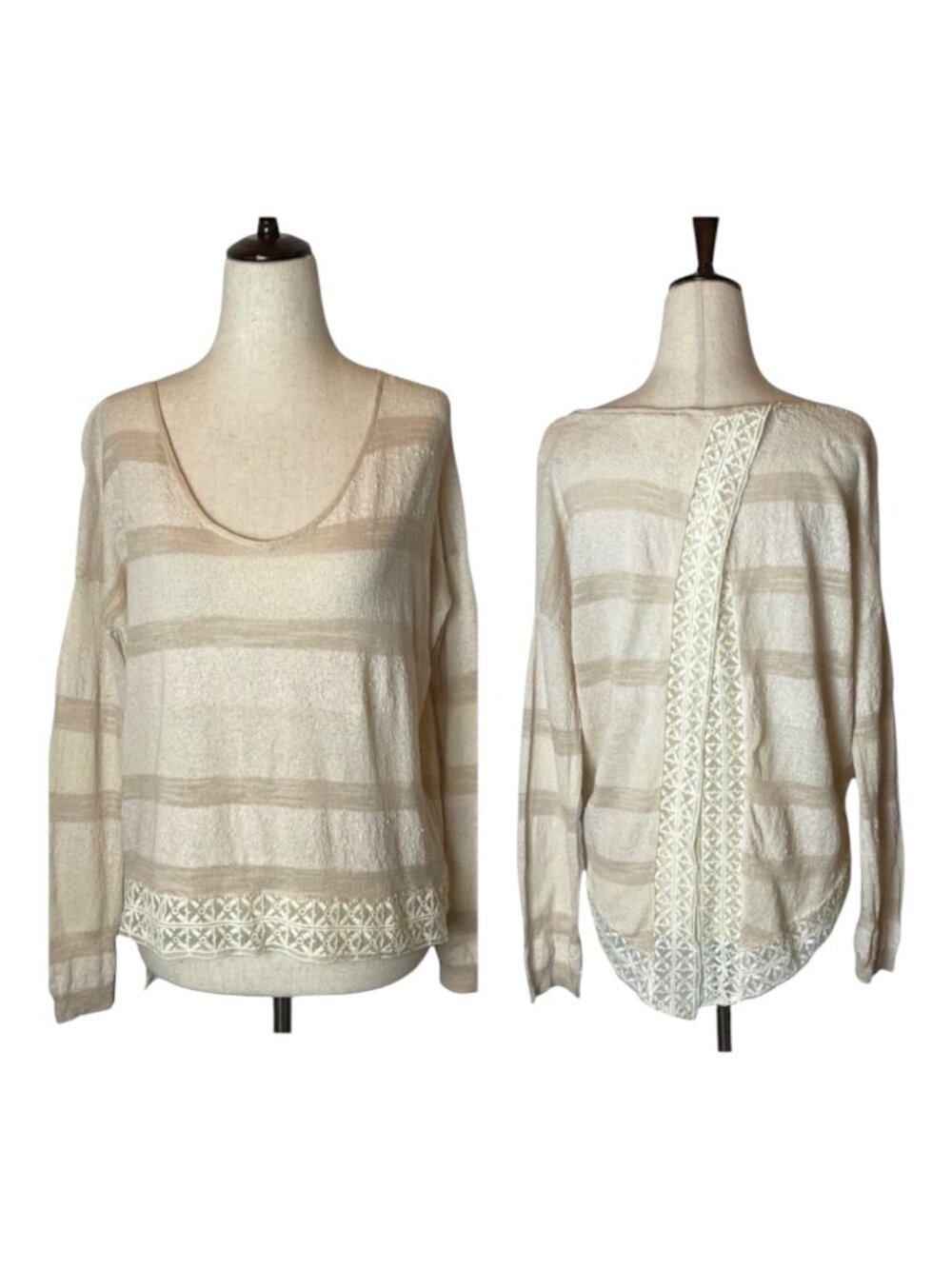 Free People Tan And Cream Striped Linen Blend Long Sleeve Split Back Blouse XS